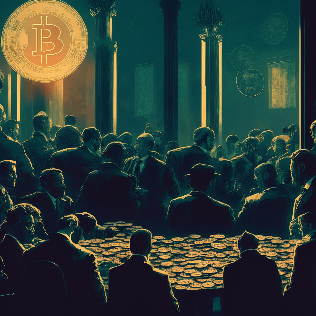 Intricate cryptocurrency scene, somber mood, chiaroscuro lighting, an array of crypto coins subtly reacting to Inflation Data, U.S. Federal Reserve meeting in the background, digital market landscape, subdued color palette with contrast highlights, impressionistic style, a hint of uncertainty & volatility. (342 characters)