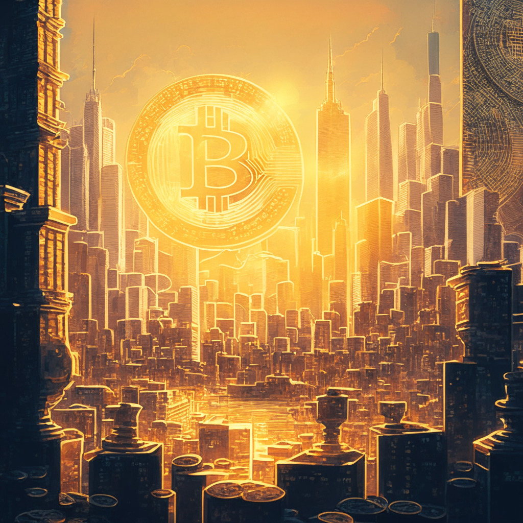 Intricate cityscape with Bitcoin as the centerpiece, ethereal glow of a sunrise, various cryptocurrencies illustrated as skyscrapers, a mood of optimism in the air, subtle touch of impressionist art, golden light illuminating the crypto city, the market reacting positively to inflation data, looming shadows of uncertainty fading away.