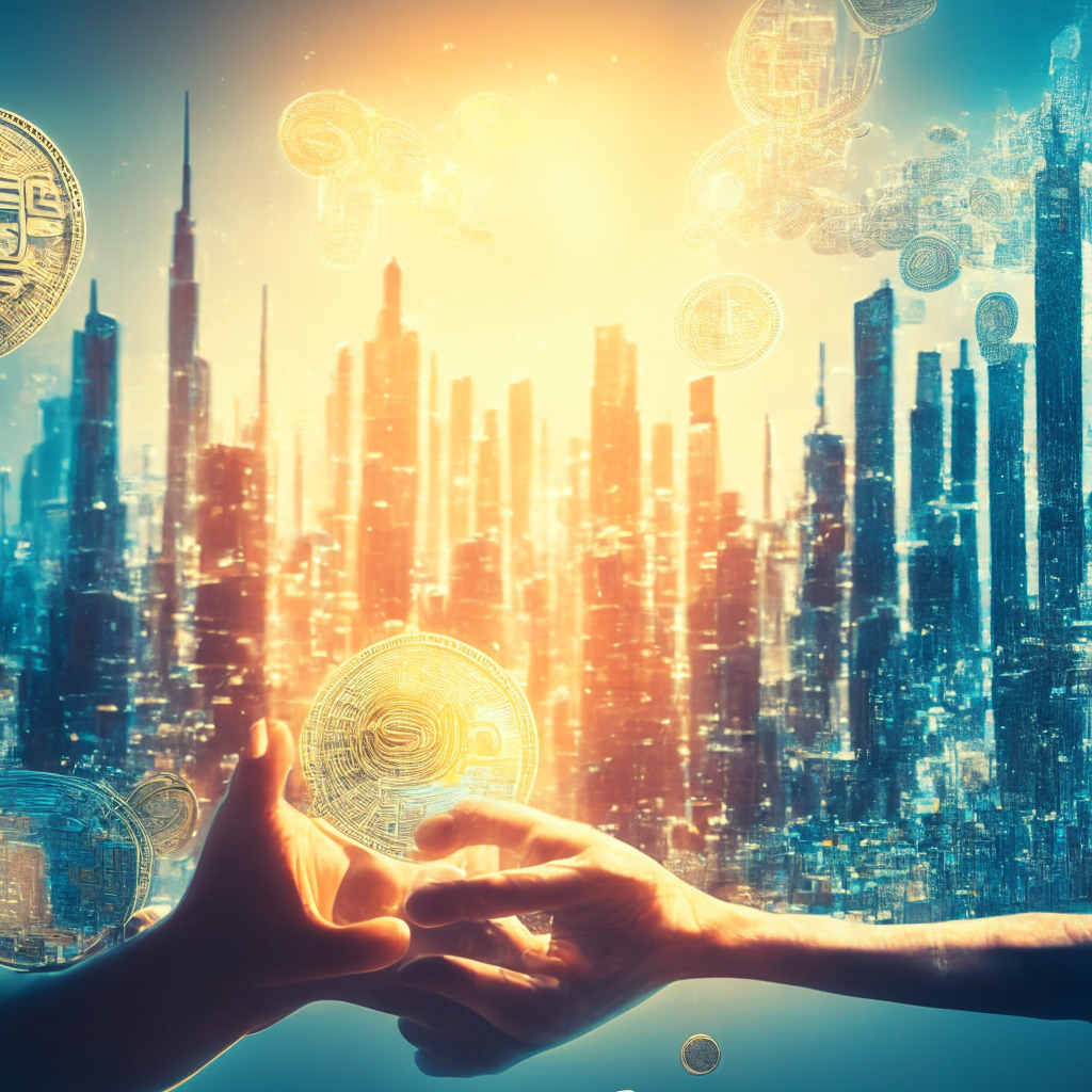 Futuristic city skyline as backdrop, crypto coins floating above diverse hands exchanging them, soft morning sunlight illuminating scene, impressionist art style, an ambience of cautious optimism, incorporating economic data charts subtly, emphasizing interconnected global events & regulatory challenges.