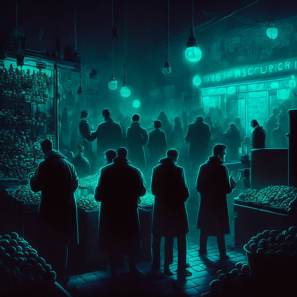 A late evening scene in the shadowy world of cryptocurrency trading, depicted in an impactful chiaroscuro style. A bustling, clandestine, digital marketplace, shimmering with neon ERC-20 tokens, luminescent bubbles hinting at something suspicious. The mood is tense, a sense of foreboding echoed in brooding dark colours. Among the crowd, silhouettes of anonymous traders carry tokens, symbolizing the undisclosed insider activity. The ambience reflects uncertainty, mistrust, but also a spark of revolutionary anticipation for an evolution. The sense of dread and hope coexists, illuminating the delicate balance between market integrity and entrepreneurial freedom in the crypto world.