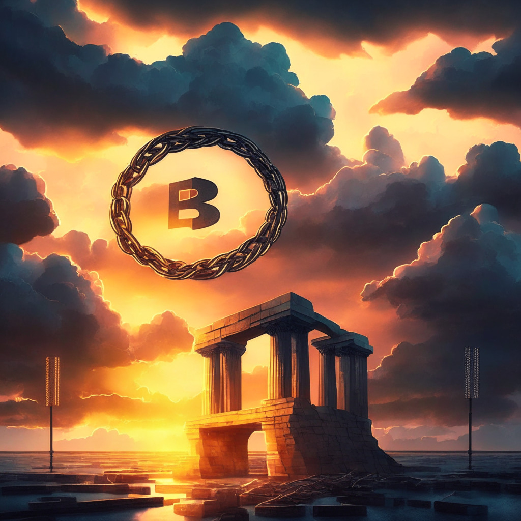 Cryptocurrency upswing, abstract DeFi symbol, BlackRock, stylized institutional building, dramatic sunset lighting, Coinbase providing a bridge, intertwined with a chain, stablecoin concept, gloomy clouds representing regulatory hurdles, contrasting bright glimmers of hope and collaboration, complex yet evolving landscape.