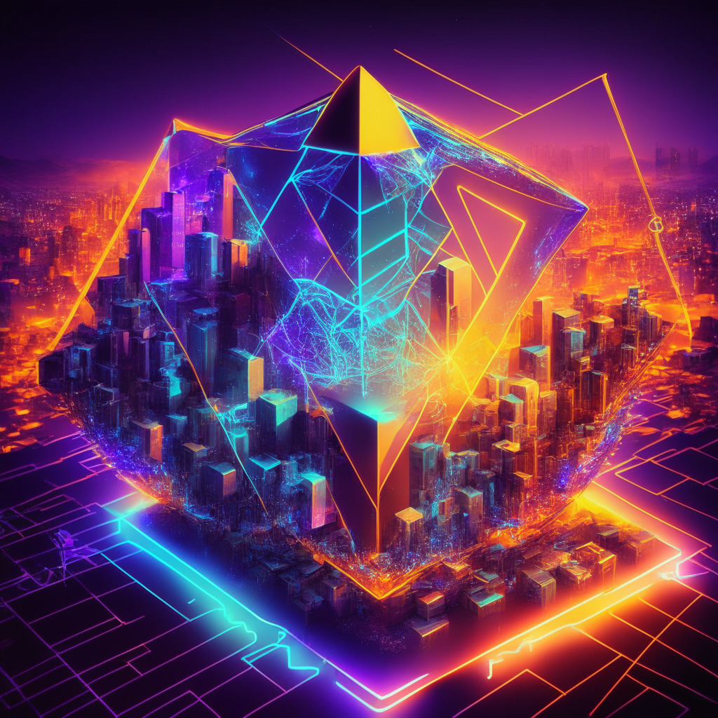 Futuristic Ethereum node, sleek modular design, Rust programming, vibrant neon colors, low latency cityscape, developers collaborating, diverse ecosystem, Ethereum roadmap projection, light rays symbolizing stability, mood of optimism, advanced EVM tools, price surge graph, dynamic breakthrough moment.
