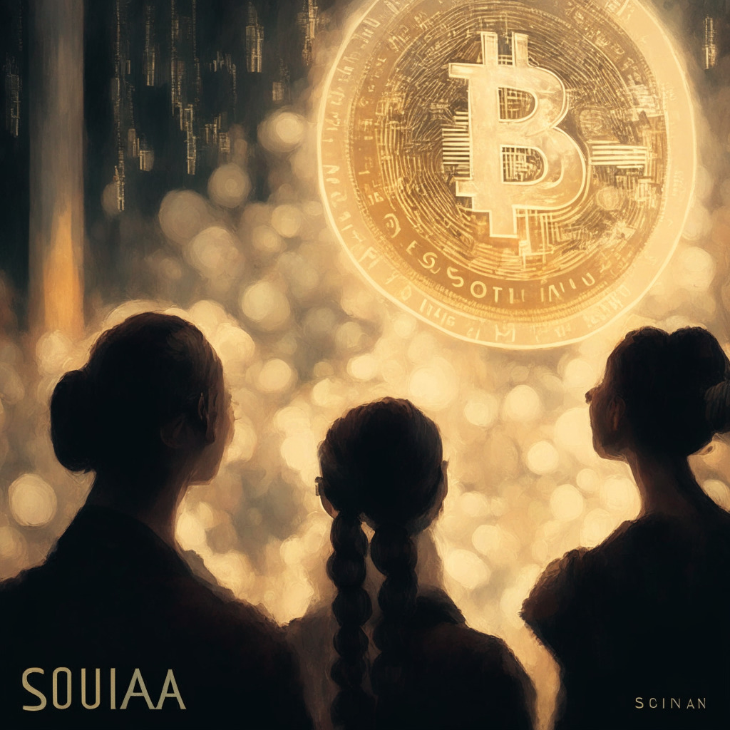 Intricate crypto market scene with Solana coin, inverted head and shoulder pattern, play of light reflecting uncertainty, impressionist style, soft tones symbolizing potential growth, hovering near $22 price, hint of optimism for a 12% increase, subtle pullback in the background, anticipation for the $24 price target, creating a moody yet hopeful atmosphere.