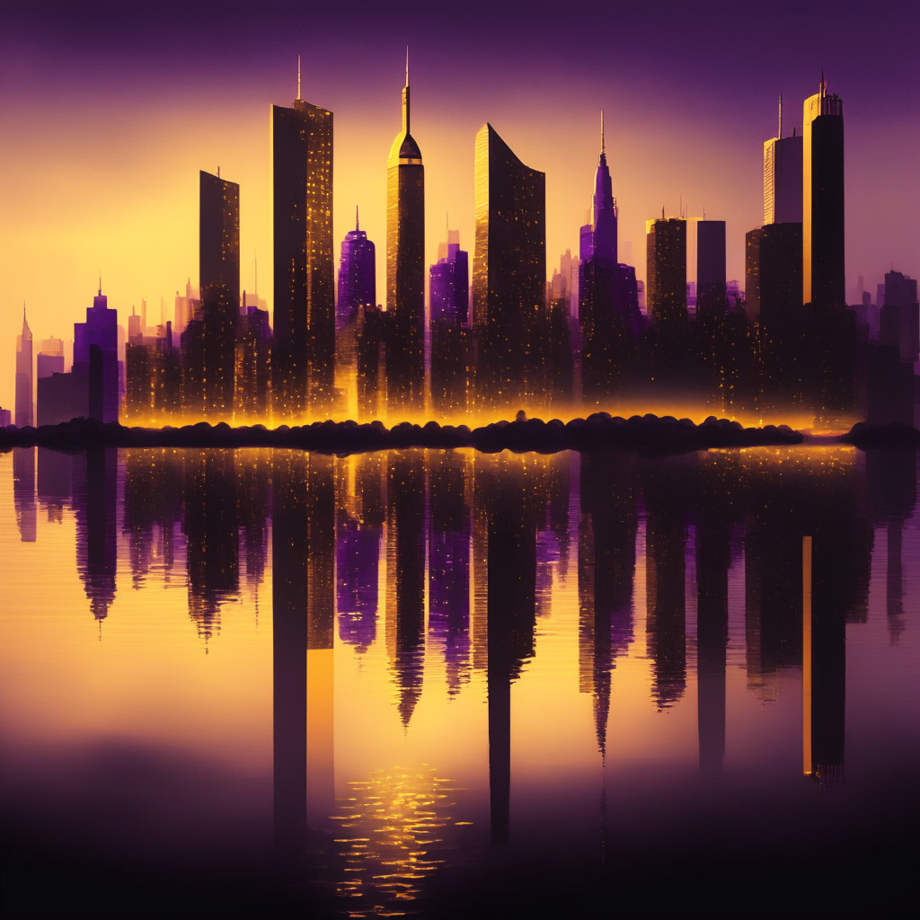 Dusk cityscape, golden and purple hues, financial district skyline, various investment firms' buildings, glowing Bitcoin symbol atop a skyscraper, subtle reflections on a nearby river, hints of a painterly style, overall mood of anticipation and caution.