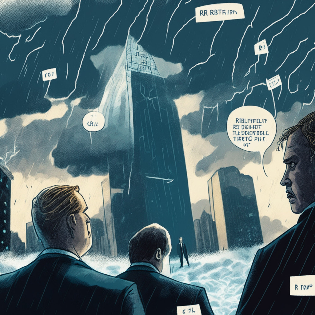 A stormy financial scene, Ripple's chief legal officer and CEO fervently discussing, looming SEC building in the background, intense mood, chiaroscuro lighting, speech bubble filled with Ether symbols floating away, contrasting confusion in crypto world, subtle hints of Ethereum connections.