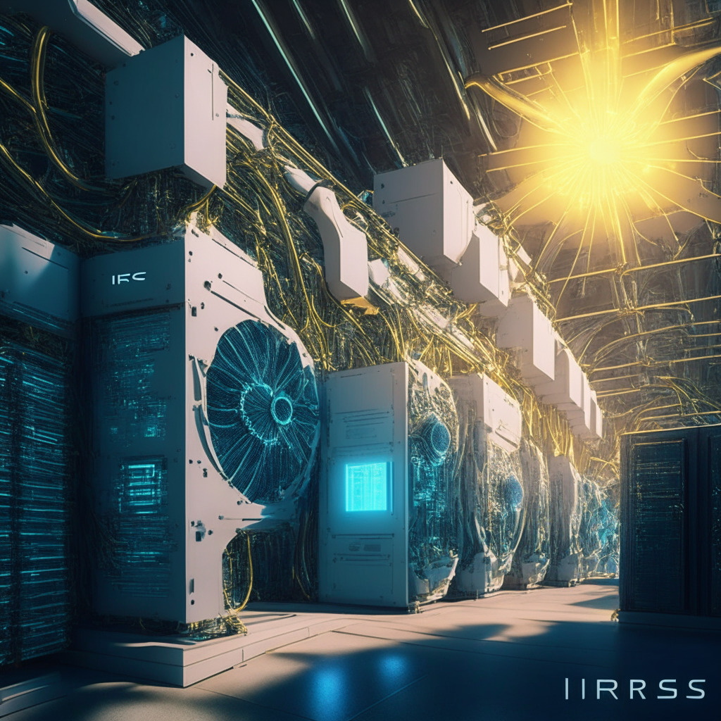 Iris Energy's AI expansion, intricate data center scene, gentle sunlight filtering through machinery, Baroque-style composition, dynamic yet harmonious arrangement, mood of innovation, crypto mining and AI collaboration, hints of potential resource conflicts, subtle tones of environmental concern, 350 characters.
