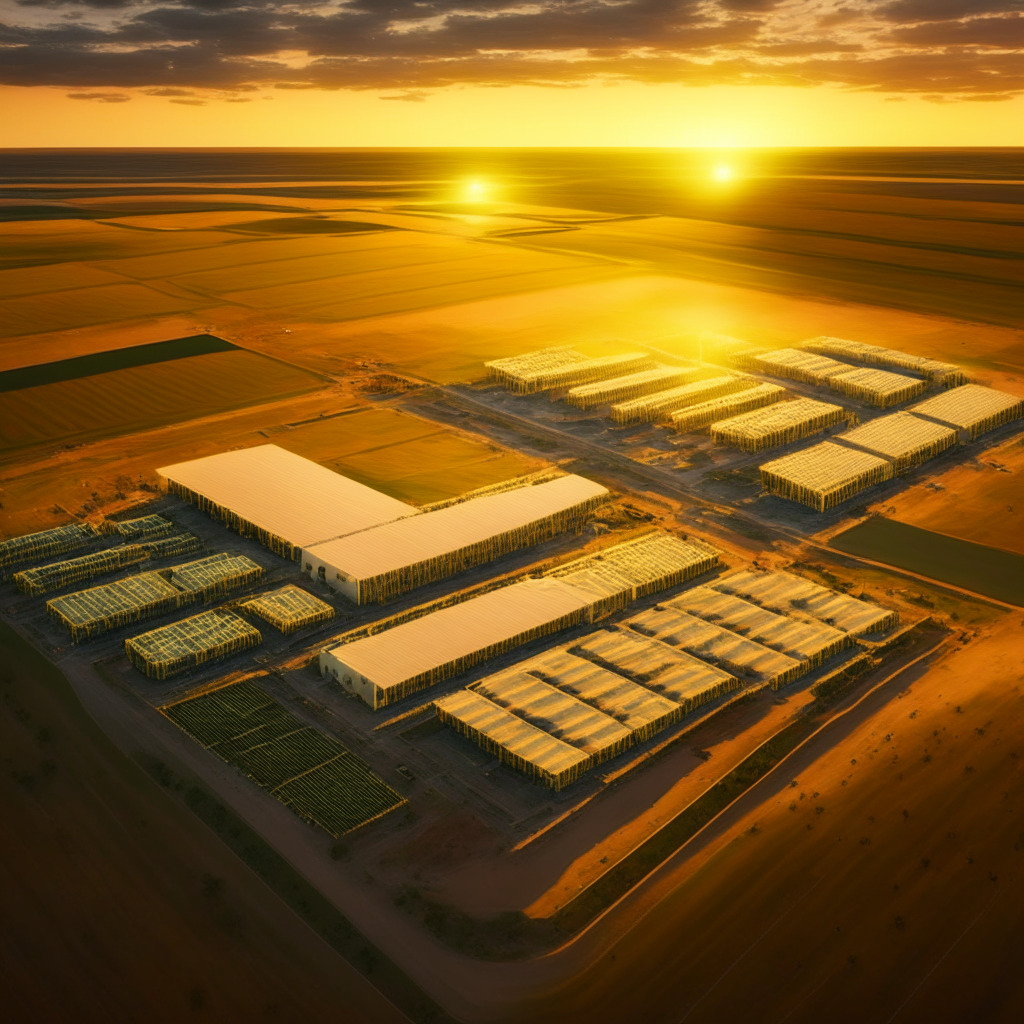 Aerial view of an expansive data center, under construction in Childress, Texas, glowing under a golden-hour sky, 63% hash rate capacity increase, dynamic energy flowing through hardware, an adjacent green field prepped for AI ventures, optimistic aura of innovation, suspension of collateral mining machines in the shadows.