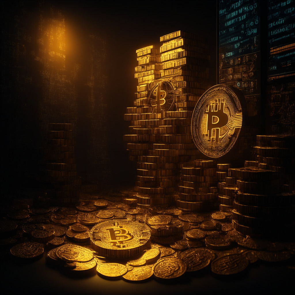 Intricate digital scales weighing Bitcoin mining hardware against stacked coins, warm golden light illuminating the scene, chiaroscuro contrasts highlighting investment decisions, a sleek nocturnal mood evoking risk and reward, contemplative investor weighing the options between mining and direct cryptocurrency acquisition. (349 characters)