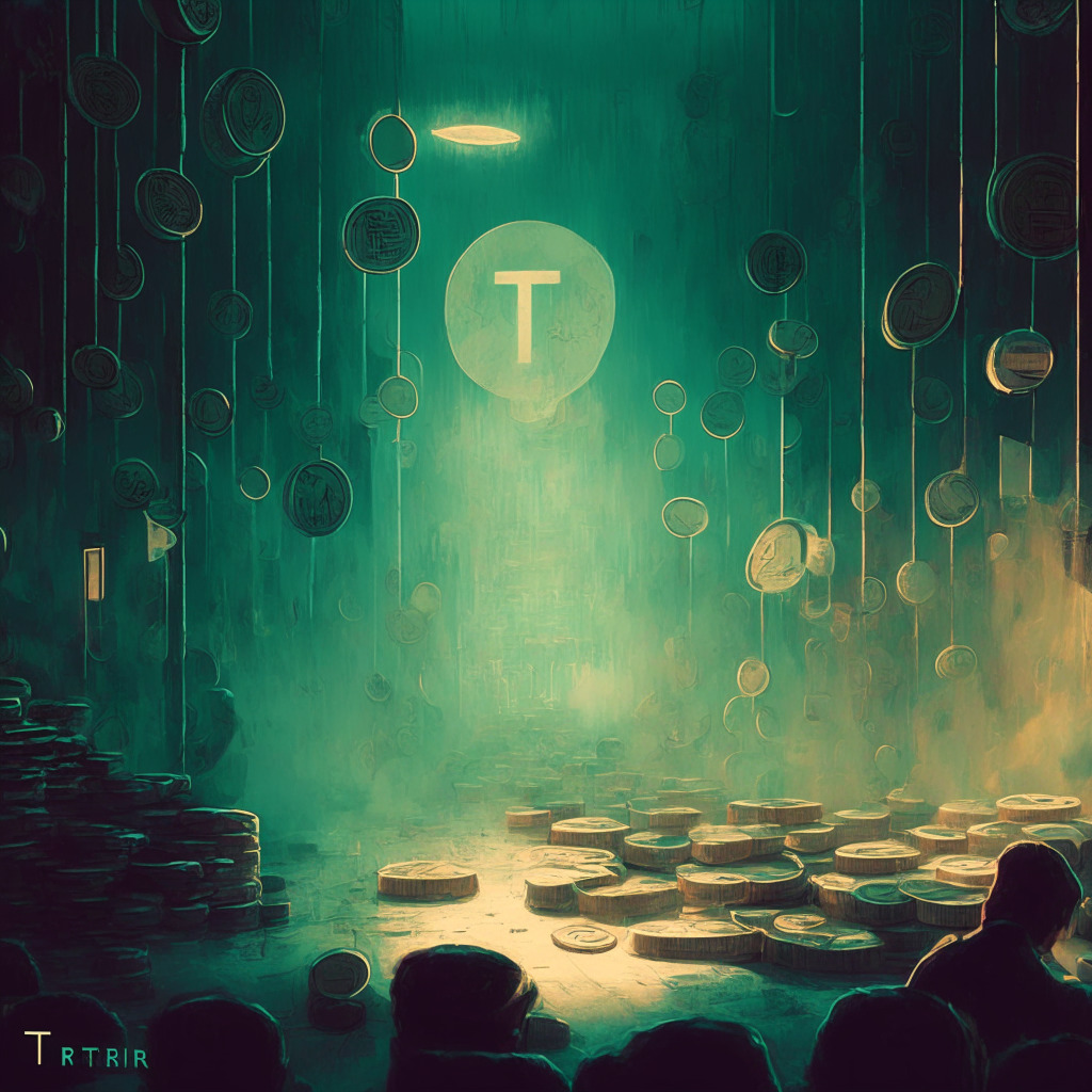 Intricate crypto market scene, Tether's USDT stablecoin, signs of selling pressure, Uniswap and Curve liquidity pools, fluctuating price peg, hazy background, dimly lit atmosphere, uneasy mood, thought-provoking artistic style, color palette resembling volatility, a faint dollar symbol on a teetering balance. (350 characters)