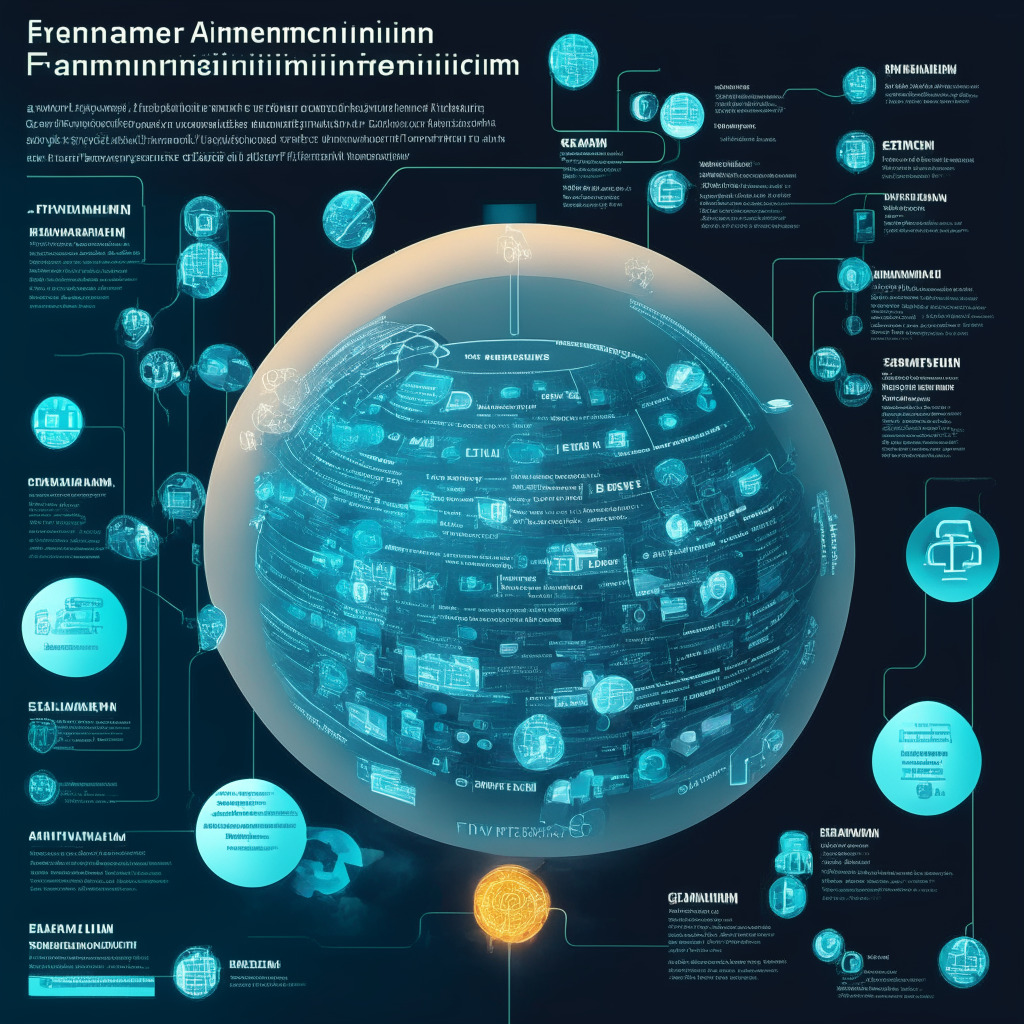 Futuristic financial landscape, euro-denominated payments, JPM Coin expansion, blockchain vs traditional transactions, German technology giant Siemens, glowing global connections, transparent & secure ledger, contrasting transaction speeds, shades of skepticism, dynamic ecosystem, shifting mood from potential to challenges, illuminated possibilities, 350 characters.