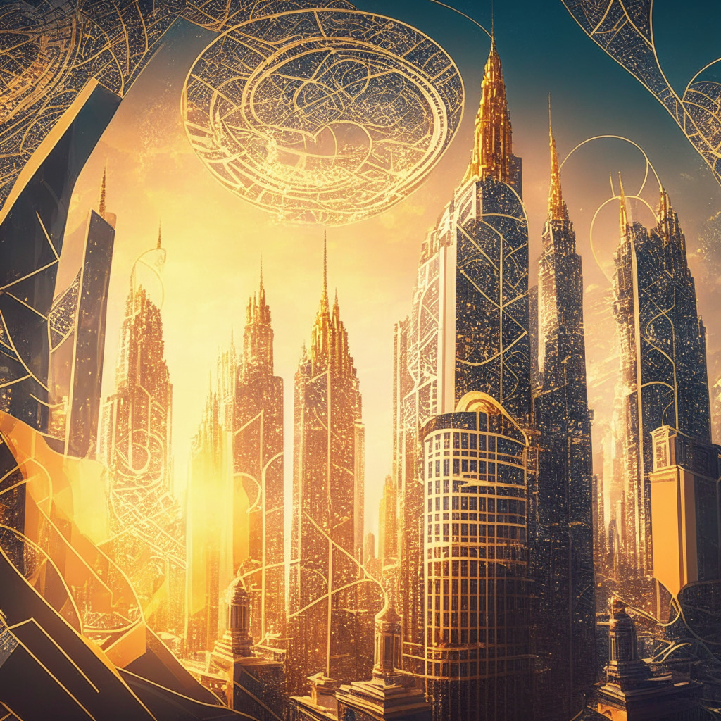 Intricate cityscape with futuristic skyscrapers, swirling blockchain patterns in the sky, corporate professionals engaging in euro transactions, soft golden-hour lighting, Baroque-inspired grandeur, a sense of transformation and optimism as traditional finance melds with cutting-edge technology.