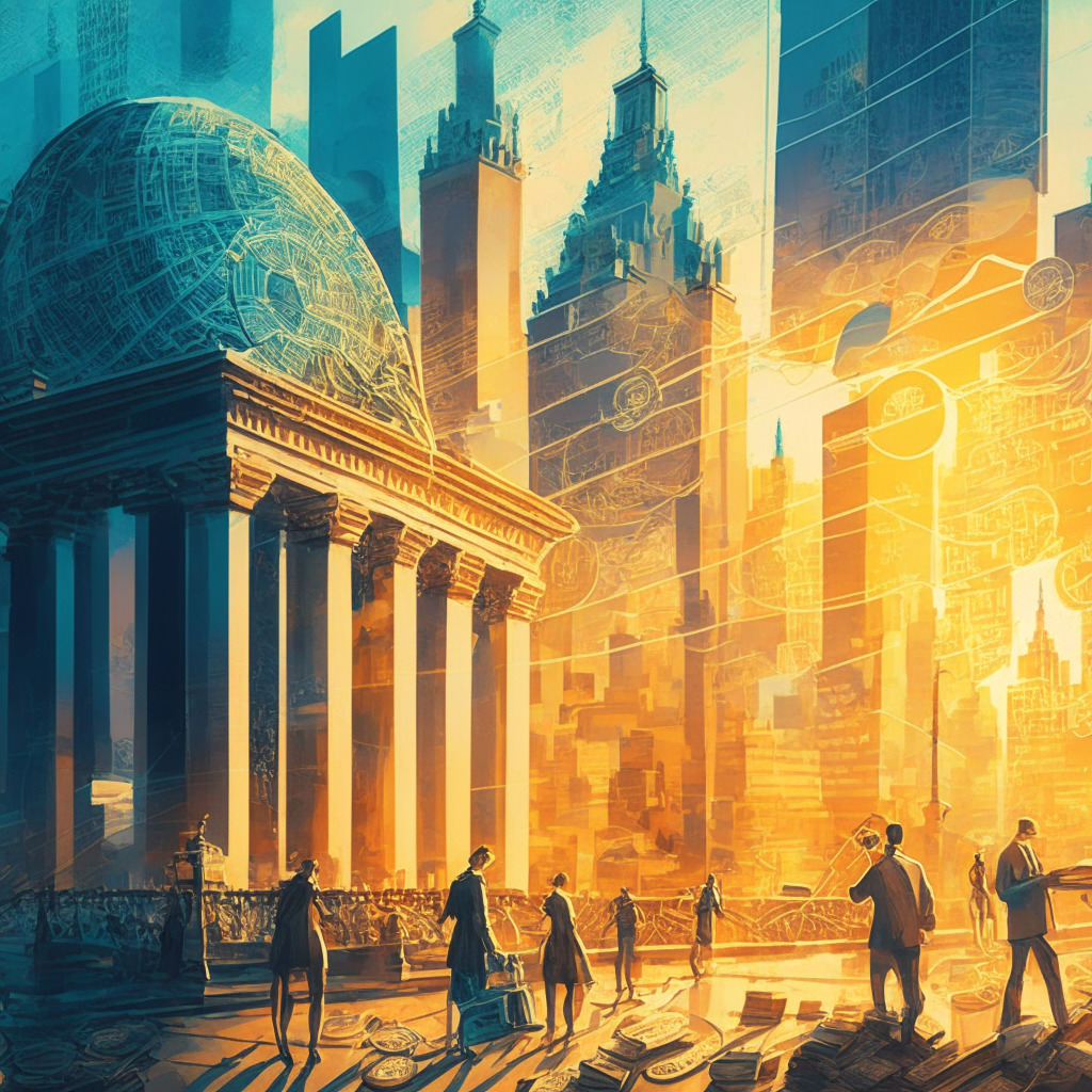 Intricate cityscape depicting financial institutions, blockchain networks interconnecting banks, soft warm sunset light, impressionist style, bustling mood, figures exchanging JPM Coin & USDC, Euro-denominated transactions, secure digital commerce, air of innovation and transformation, 350 characters.