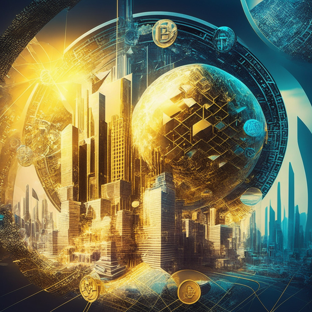 Futuristic financial landscape with JPMorgan, blockchain integration in traditional banking, dazzling euro-based payments, JPM Coin, sleek digital transactions, corporate clients, golden opportunities, sunlit world of efficiency, Crypto ETFs, artistic fusion of old & new financial realms, uncharted territories, excitement, a touch of caution.