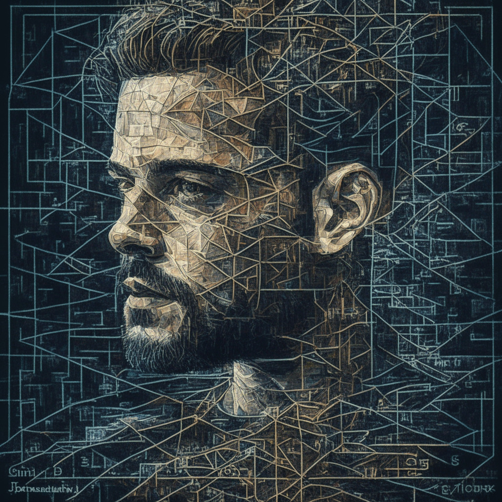 Intricate Bitcoin network, Jack Dorsey's unwavering support, Web3.0 hub, blend of confidence & doubt, chiaroscuro lighting, moody atmosphere, Picasso's Cubism style, innovative technology and potential stock volatility, delicate balance between adoption & risks.