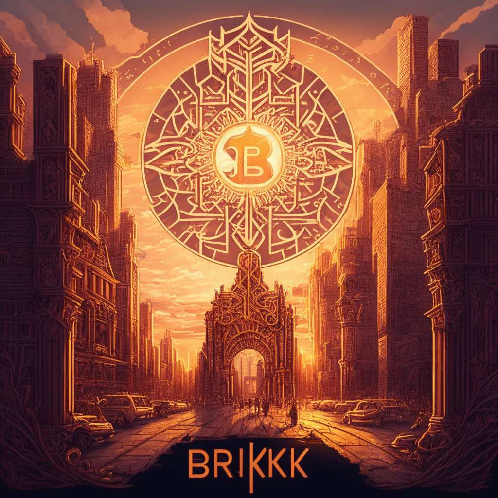 Intricate cityscape with Bitcoin symbols, Jack Dorsey casually donating, open-source developers at work, warm sunset hues, Baroque-inspired details, a fusion of traditional & digital art, sense of innovation, radiant spotlight on Brink's logo, overall mood: inspiring hope, unity, & progression.