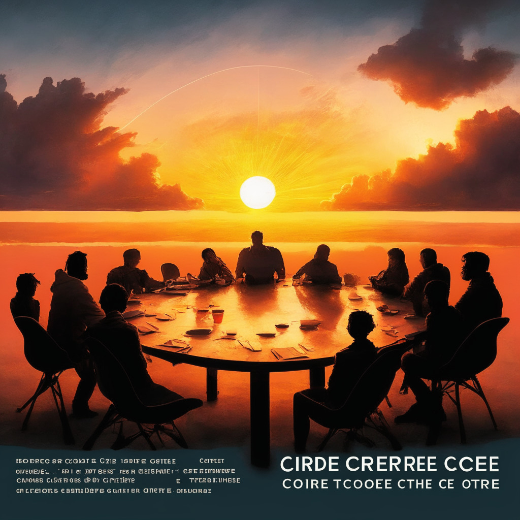 Intense brainstorm between tech titan & independent developers, sunset-hued round table discussion, contrasting pros & cons, futuristic open-source landscape, mood of cautious optimism, air of financial dependence & impartiality concerns, innovation & experimentation at core. (350 characters)