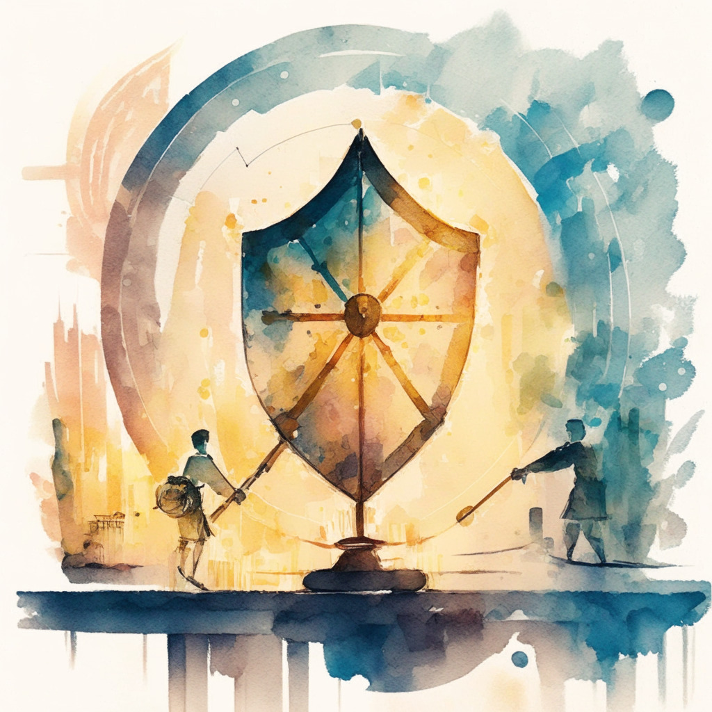 Intricate scene of a balanced scale, one side with a shield representing investor protection, other side with an upward arrow symbolizing industry growth, soft watercolor style, warm glow of evening light, hint of uncertainty to depict regulatory debate, harmonious yet tense mood.