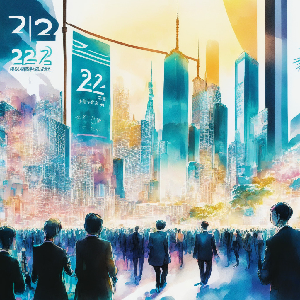 Tokyo cityscape with futuristic skyscrapers, Japan Blockchain Week 2023 banners waving, diverse crowd of people engaging in discussions, neon-lit NFT exhibition, G7 summit backdrop, subtle sunlight illuminating the scene, artistic watercolor style, contrast between thriving Web3 growth and regulatory challenges, mood of optimism and collaboration.