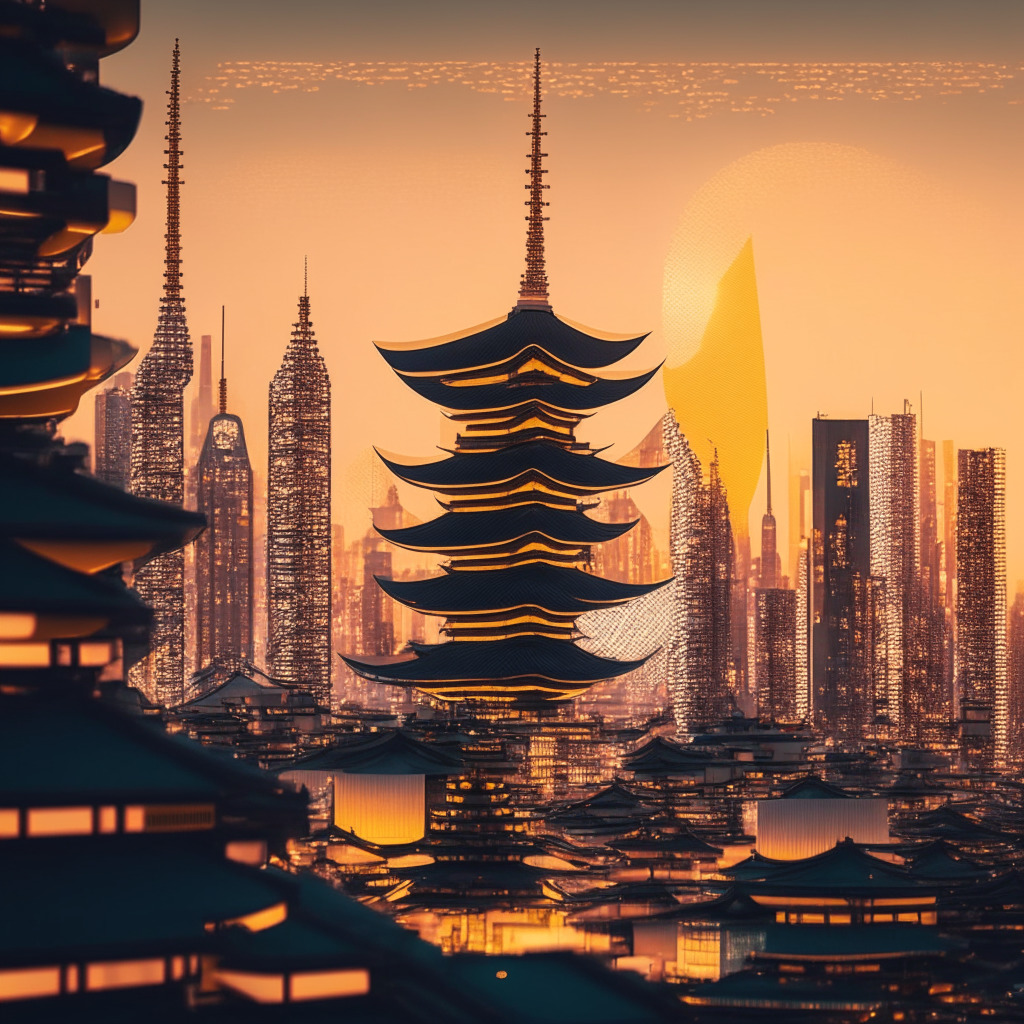 Intricate Tokyo cityscape at dusk, futuristic blockchain elements floating in the sky, warm golden light illuminating traditional Japanese architecture, hint of tension between innovation and tradition, lively market atmosphere, elements of cryptocurrencies subtly woven, serene yet risk-filled undertones.