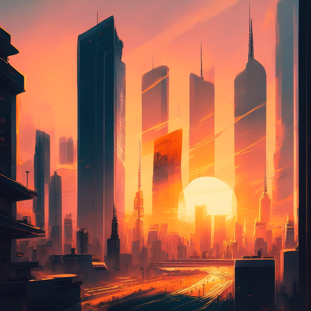 Futuristic Tokyo cityscape, financial district, cryptocurrency tokens, Japanese government officials, balance scale (innovation & regulation), soft glowing sunset, warm colors, delicate brushstrokes, dynamic composition, sense of optimism & progress. Max 350 characters.