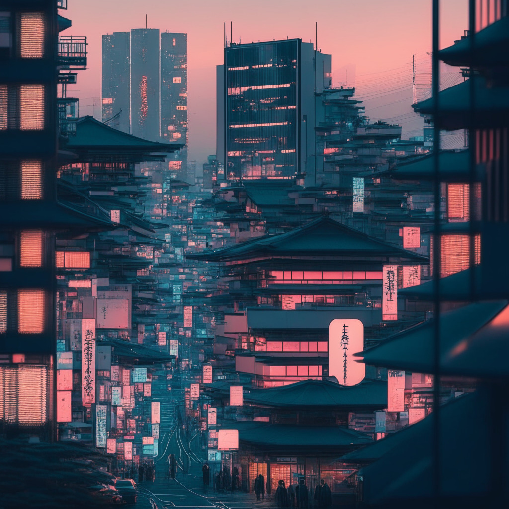 Intricate Japanese metropolis at dusk, AI holograms and privacy shields, thought-provoking contrast, muted pastel colors, Kyoto-Tokyo fusion style, soft ambient light, tense yet hopeful atmosphere, citizens discussing AI regulations, strong presence of innovation and privacy concerns, no logos or specific brands.