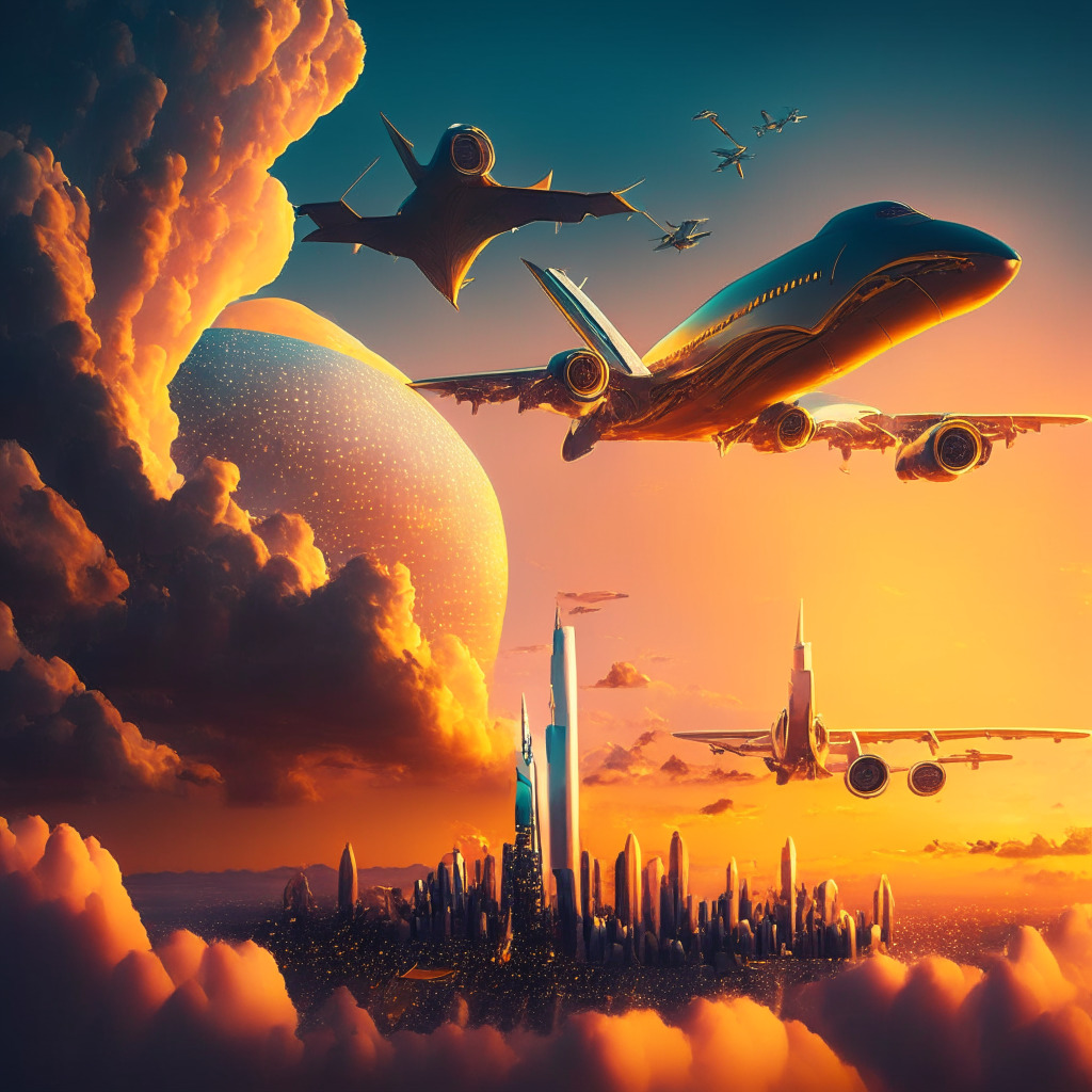 Surrealistic skyline with diverse aircraft, dynamic and vivid clouds, serene golden twilight, engaging aviation photography, 3D digital planes, Boeing 787, mood of curiosity, Ethereum blockchain elements, artistic tokens, futuristic travel experience, metaverse digital avatars, fusion of tech and aviation.