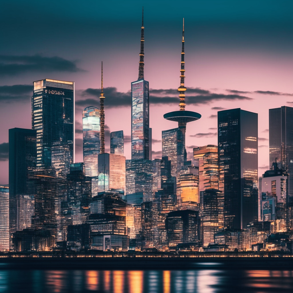 Japanese banks issuing stablecoins, US lagging behind, Tokyo skyline at dusk, contrasting hues, modern vs traditional architecture, yen and blockchain elements, tech-forward aesthetic, air of uncertainty, interconnected world, sense of urgency, innovative financial solutions.