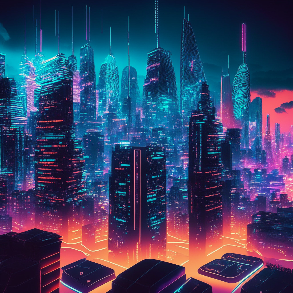 A futuristic Japanese cityscape at dusk, neon lights reflecting off sleek skyscrapers, embracing innovation, Yen-pegged stablecoins symbolized by glowing, interconnected digital coins, prominent banks and public blockchains as elegant, abstract structures, cross-chain transactions visualized as bridges, shimmering mood of excitement and change, hint of regulatory constraints.
