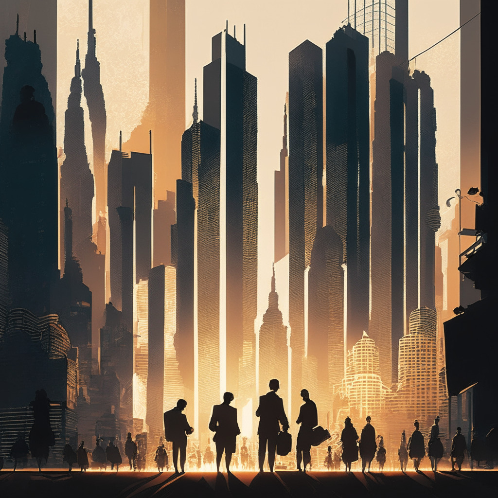 Intricate cityscape with futuristic financial district, Japanese architectural elements, silhouettes of people exchanging digital coins, soft warm light casting a soothing glow, Refined brush strokes, subtle interplay of shadows and reflections, an atmosphere of innovation and advancement, a sense of newfound financial opportunities merging tradition and technology.
