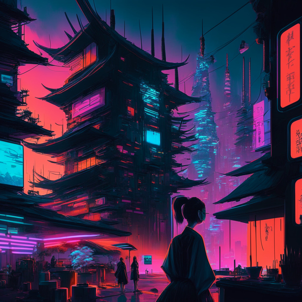 Futuristic Japanese cityscape at dusk, eclectic mix of traditional architecture & cutting-edge AI innovations, tense atmosphere with contrasting bright neon lights & dark shadows, artists debating in the foreground - some holding paintbrushes, others with digital tablets, divide between human creativity & AI-generated art, sense of boundary-pushing exploration.