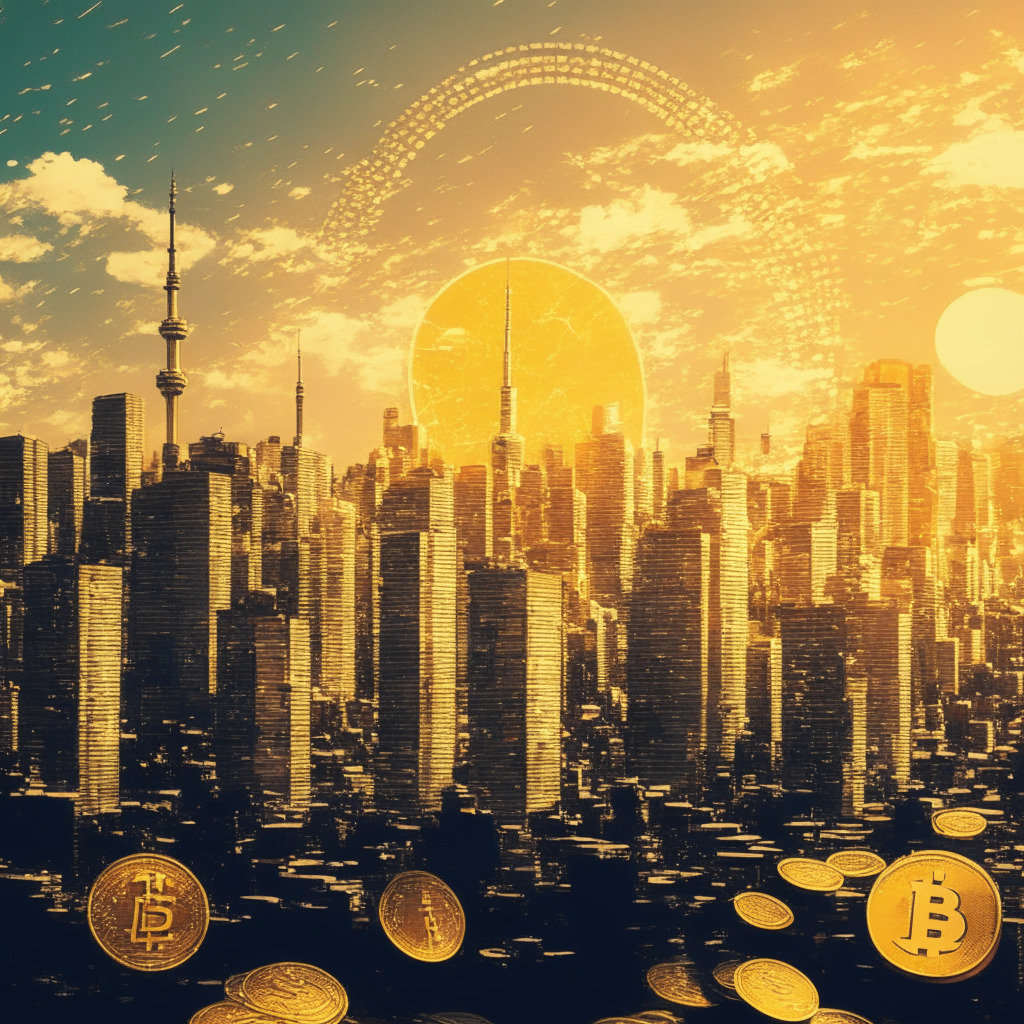 Tokyo skyline with crypto coins, blockchain patterns in the sky, professionals engaged in discussion, warm golden hues, biz-artistic style, early evening glow, optimistic yet cautious atmosphere, regulatory balance, embracing innovation, global competition. (350 characters)