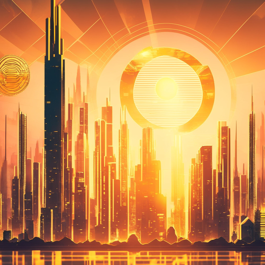 Futuristic Japanese cityscape with crypto theme, ultramodern financial district skyline, abstract digital currency symbols floating in the sky, warm golden sunset glow, sleek glass buildings reflecting light, a crypto-driven economy in balance, cautious optimism as the mood, and a touch of art deco style.