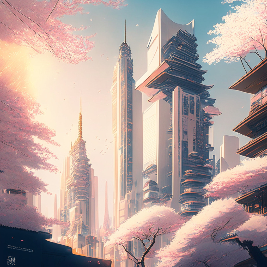 Intricate Japanese cityscape, futuristic crypto-inspired architecture, warm sunlight peeking through skyscrapers, mood of innovation and progress, digital tokens floating like cherry blossoms, soft hints of color, economic growth and development, tranquil yet active ambiance.
