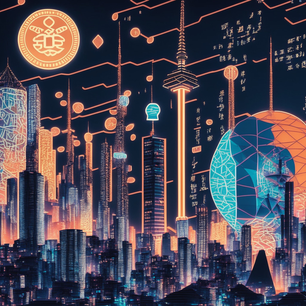 Intricate Japanese cityscape at dusk, blockchain-inspired geometric patterns, financial district skyline, glowing neon lights, Tokyo Tower in the background, futuristic cryptocurrency symbols, relief tax coins on a ledger, confident investors, safe harbor symbolism, Japanese culture elements, progressive atmosphere, cautiously optimistic mood.