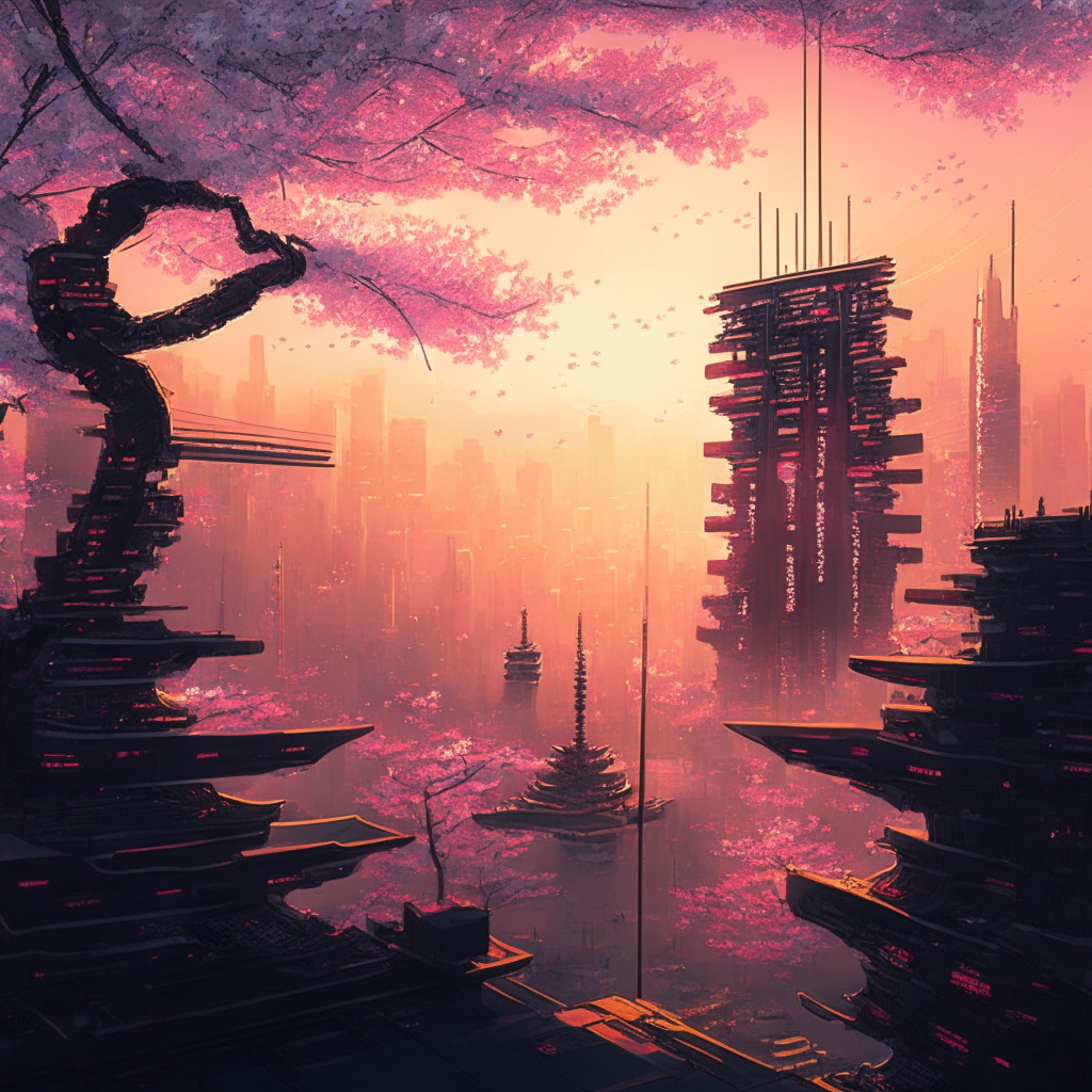 Intricate cityscape with futuristic tech, intertwining blockchains, delicate cherry blossoms, radiant warm glow of a Japanese sunrise, hint of Edogawa Rampo's artistic elegance, harmony amidst contrasting emotions, excitement of revolutionary financial innovation, underlying shadows of risk, captivating interplay of light and shade in a cyber-inspired ambiance.