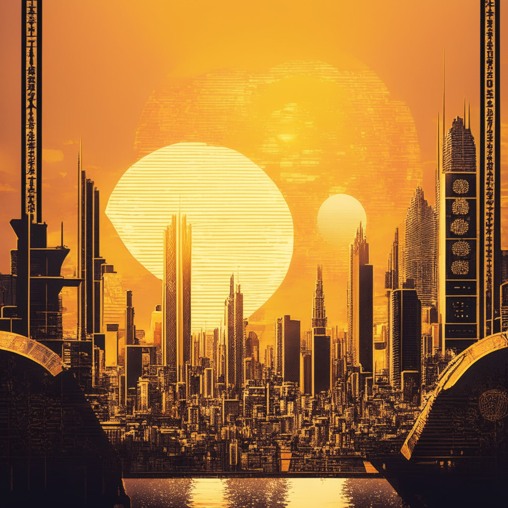 Intricate Tokyo skyline with futuristic blockchain elements, warm golden hour light, optimistic Japanese financial district, digital currency symbols radiating stability, mood of innovation and growth, incorporation of traditional Japanese art style, contrast between historical and futuristic setting.