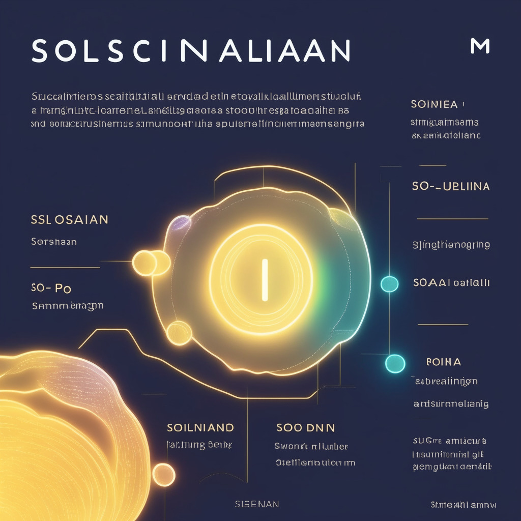 Scene: Artfully designed Solana-based crypto lending platform, soft glowing lights illuminate Jet's fixed-rate loans, an elegant order book showcasing interest rates, payback timelines, and sleek coin representations. Joyful DAO members, visionary traders, and ethereal on-chain corporations. Mood: Bold optimism, risk reduction.