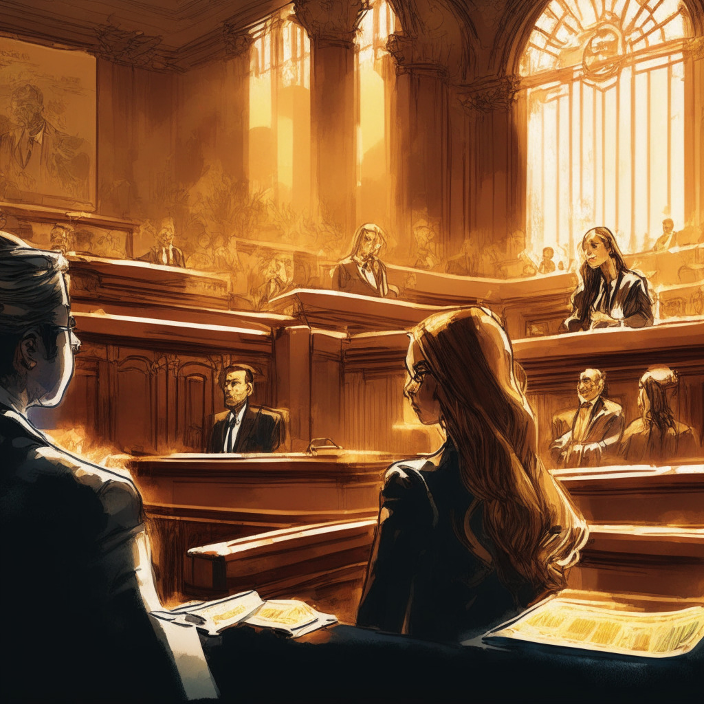 Intricate courtroom scene, modern digital artwork, warm afternoon light, Judge Amy Berman Jackson mediating between SEC and Binance.US representatives, tone of negotiation and compromise, hints of blockchain elements, focus on protecting customers' funds, mood of innovation and evolving regulations.