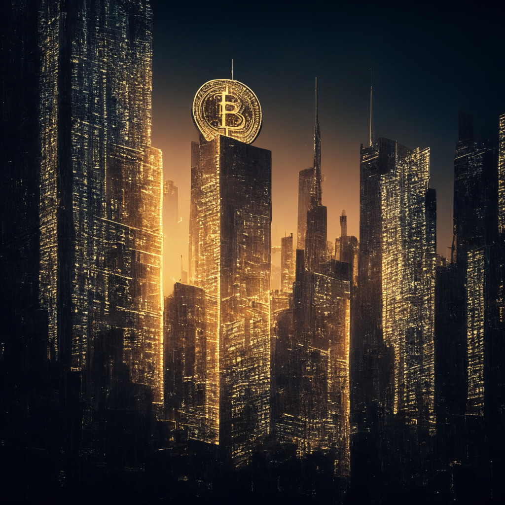Intricate city skyline at dusk, illuminated financial district, glowing bitcoins hovering, pivotal moment in time, shadows on corporate buildings, Baroque style texture, chiaroscuro light effects, optimistic yet cautious ambiance, contrast between traditional finance and digital currency.