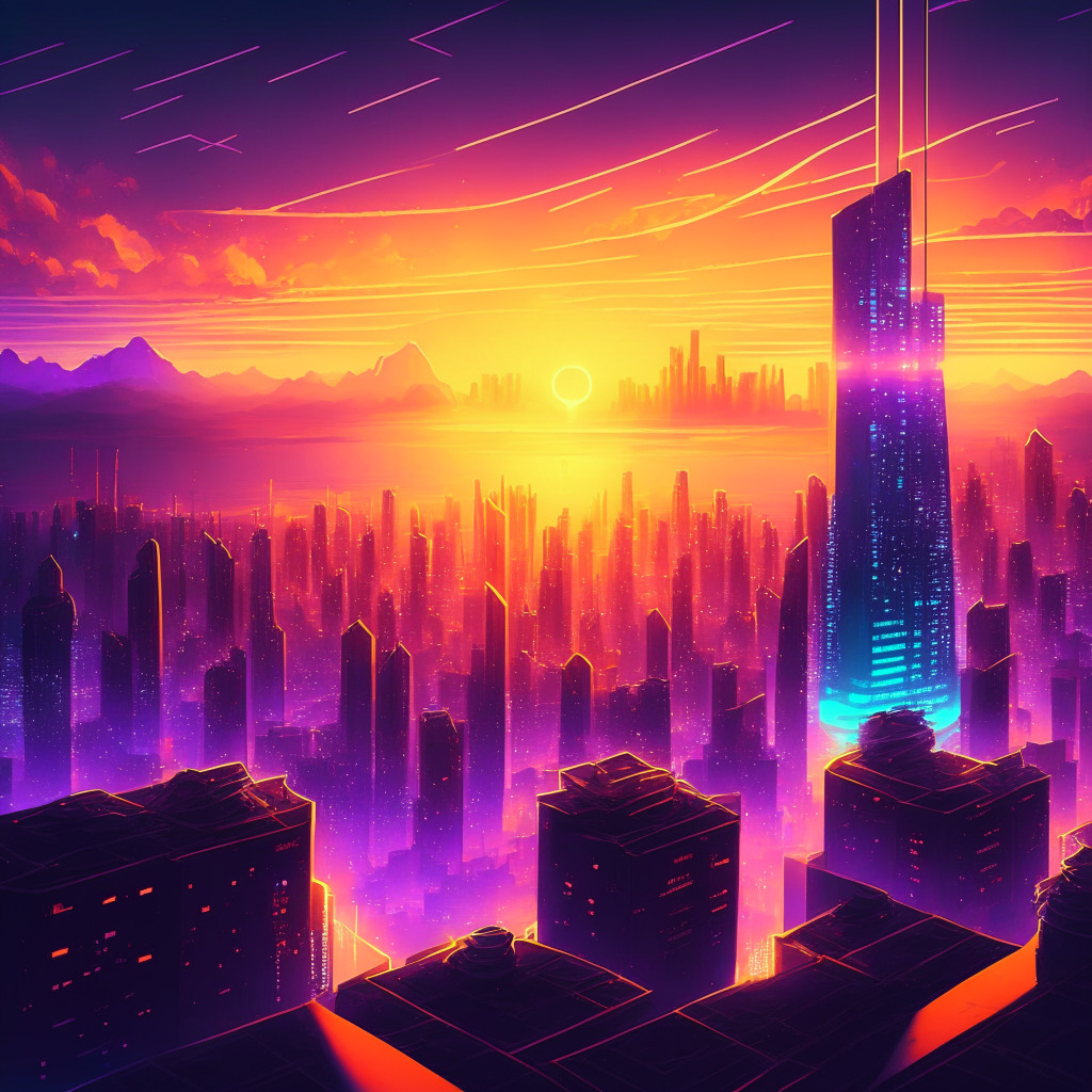 Sunrise over futuristic cityscape, Starknet & Ethereum integration, EVM compatibility, glowing circuits & networks, optimistic atmosphere, zero-knowledge layer-2 scaling, diverse developer community, hint of Vitalik Buterin, holographic DEX interface, Kakarot testnet launch excitement, seamless rollup performance, scalable blockchain future.