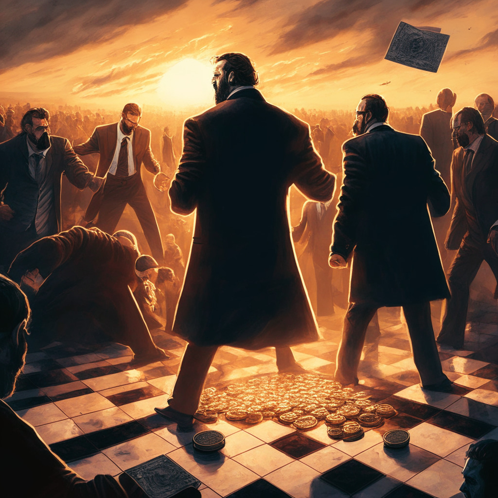 Dramatic confrontation scene, intense mood, sunset lighting, renaissance art style, focus on prominent figures: an assertive businessman criticizing a cryptocurrency pioneer, onlookers reacting, anonymous crypto coins scattered on the ground, symbolic tension between innovation and regulation, chessboard-like crypto-market backdrop.