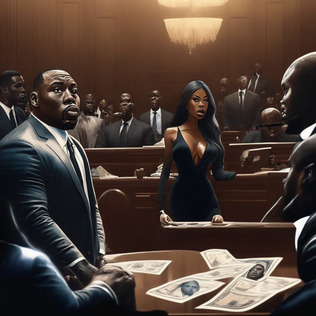Cryptocurrency lawsuit scene, courtroom drama, Kim Kardashian & Floyd Mayweather, contrasting outcomes, intense lighting, somber mood, implication of influencer transparency, warning for investor diligence, dramatic shadows, legal documents, expressive body language, No brand, 350 characters.