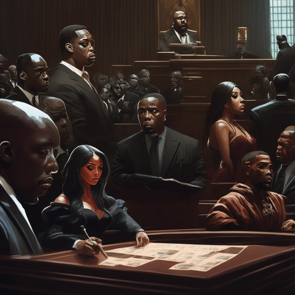 Dramatic courtroom scene, Kim Kardashian, Floyd Mayweather, Paul Pierce, judge, gavel, EthereumMax tokens, diverse investors observing, intense debate, chiaroscuro lighting, Baroque art style, duality in expressions, somber yet hopeful atmosphere, weighing scales of Justice, merging real-world & crypto elements, symbolic digital chains.