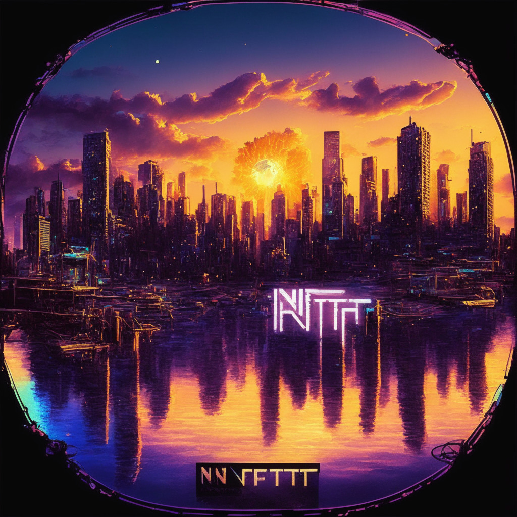 NFT marketplace expansion, Stand with Crypto badges, luminous city skyline, moody atmosphere, digital vinyl record, vibrant paint strokes, musicians embracing blockchain, stunning Polygon Network effects, warm sunset glow, reflections on water, intricate public stamp of ownership, dynamic music industry scene, gas fee free tokens, industry revolution.