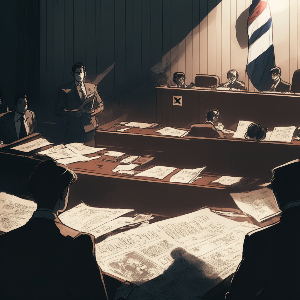 A tense courtroom scene, Terra co-founder at the stand, contrasting light and shadow, South Korean flag in the background, legal documents and LUNA symbols scattered, mood of anticipation and anxiety, hint of a fiery debate, implications on cryptocurrency markets and regulatory landscape, intricate chiaroscuro effect.