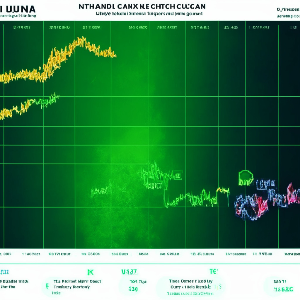 LUNC price breakout amid Terra Classic upgrade, crypto coin at $0.0000965, 1.95% intraday gain, potential rise to $0.000103, resistance at $0.0001, Average Directional Index uptick. Scene: Bullish momentum against downward trend, contrasting forces, vibrant market colors, tense mood.