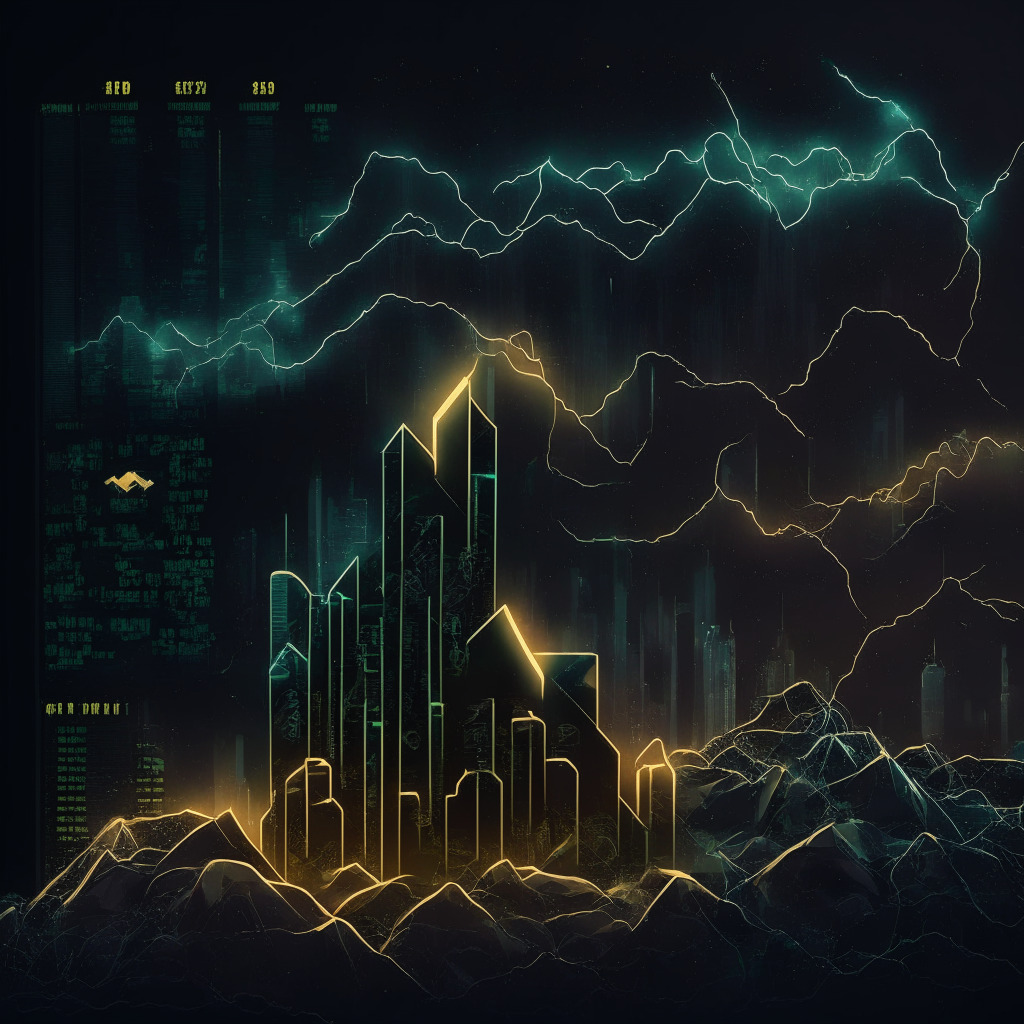 Cryptocurrency theme, dark setting, futuristic city skyline, falling wedge chart, contrasting colors, mood of uncertainty, hints of hope, volatility represented by lightning bolts, Terra Classic coin with potential growth represented as a growing plant, resistance & support levels as floating platforms or stairs, RSI & Bollinger Bands subtly incorporated.