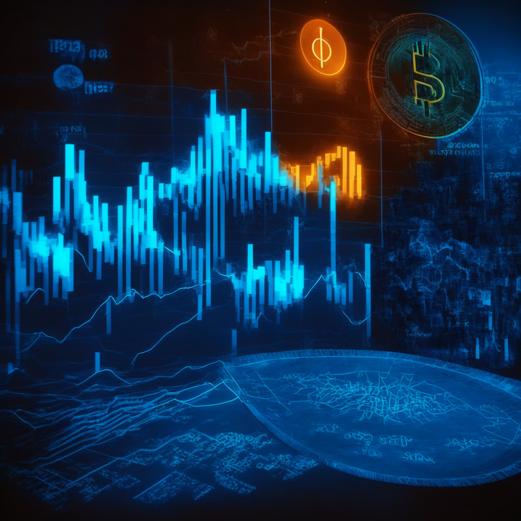 Cryptocurrency scene, Terra Luna Classic struggling, light: dramatic chiaroscuro, mood: uncertain, algorithmic stablecoin UST losing 1:1 peg, potentially bullish chart pattern, visuals: pennant structure, 21-Day Moving Average, contrasting yPredict AI-powered trading signals, colors: blue and orange representing hope vs despair, glowing graphs of possible recovery.