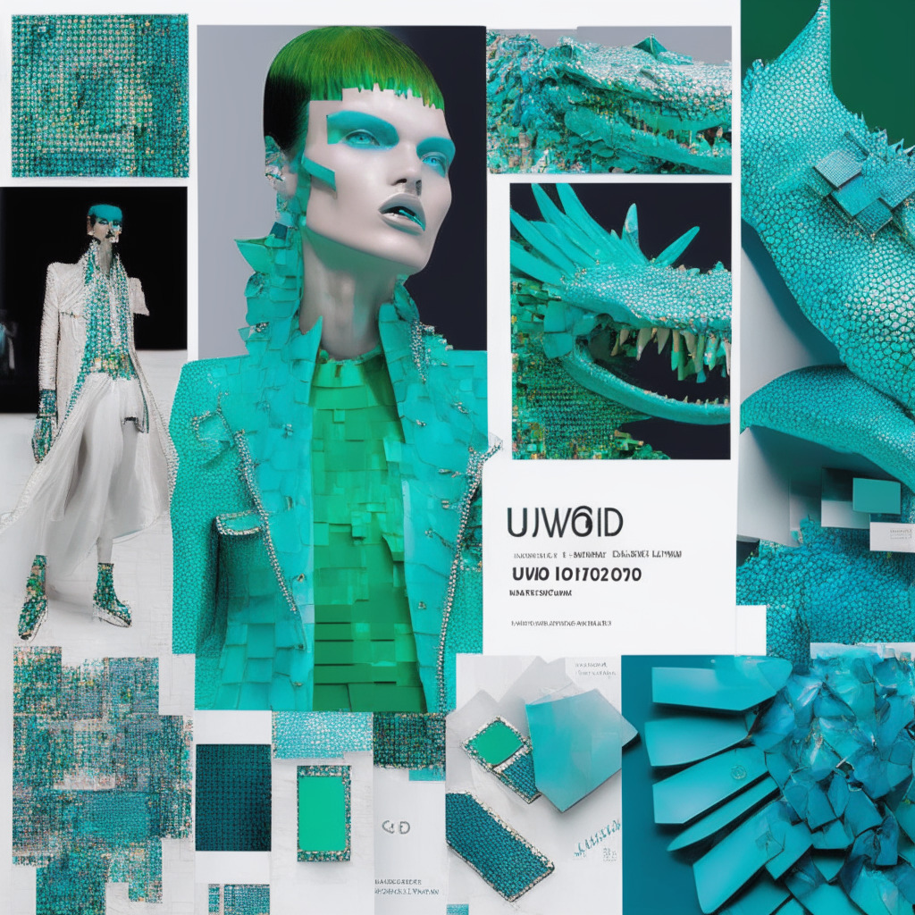 A vibrant, digital fashion universe immersed in hues of teal and silver to reflect non-fungible tokens, A cascading pile of interactive UNDW3 cards scattered artistically, Virtual displays of classy wearables, A crocodile, synonymous with Lacoste, placed subtly as pixel-art. Dynamic light settings, oscillating between subtle glimmers and sharp highlights mark the unpredictable nature of crypto. The mood should encapsulate the exciting yet cautious balance within the transforming world of fashion and NFTs.