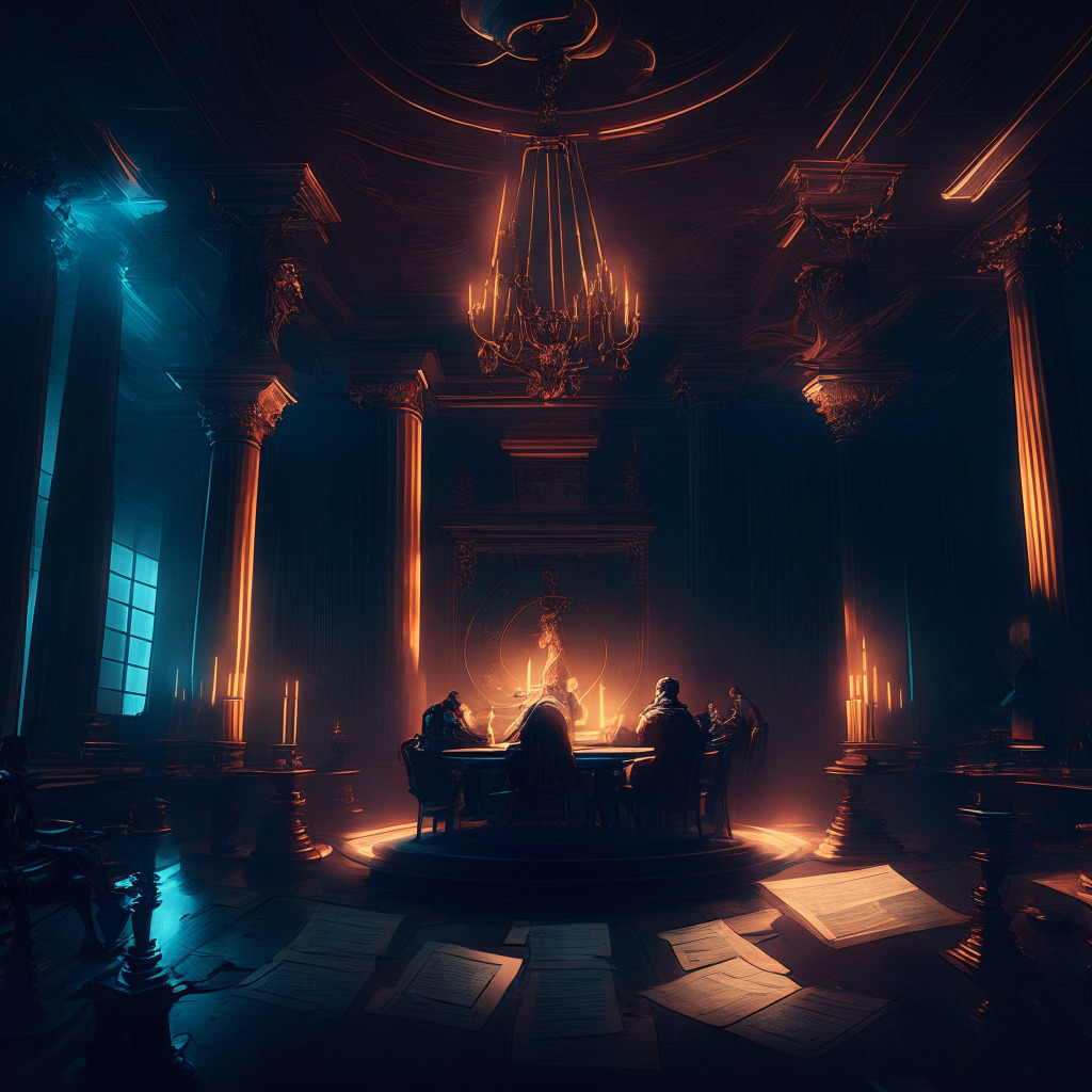 Intricate 18th-century aesthetic, a debate hall with philosophers, candles casting warm glow, futuristic holographic cryptocurrencies & legal documents floating, tense atmosphere, chiaroscuro lighting, blend of classical & cyberpunk elements, a visual representation of pros & cons within the crypto legislation discussion.